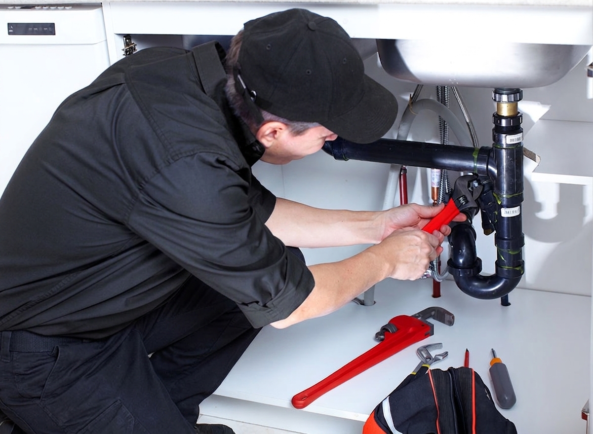 Plumber replacing a sink drain trap with a pipe wrench